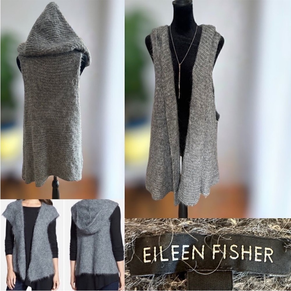 Eileen Fisher Suri alpaca silk mesh hooded Vest Cardigan Duster Size M